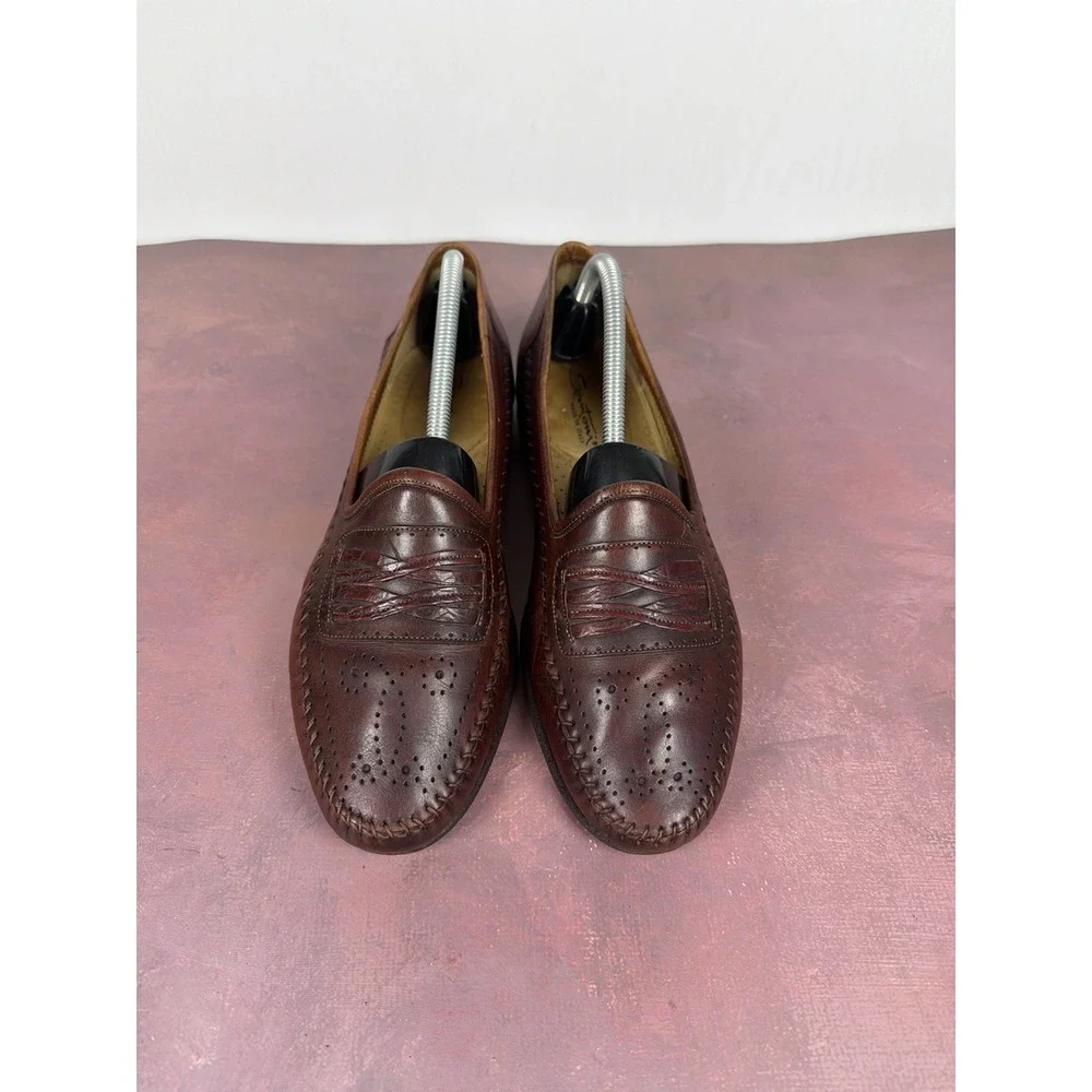 Santoni Cognac Calf Leather Loafer Brogued‎ Moc Shoes 441348 Men's 9.5D